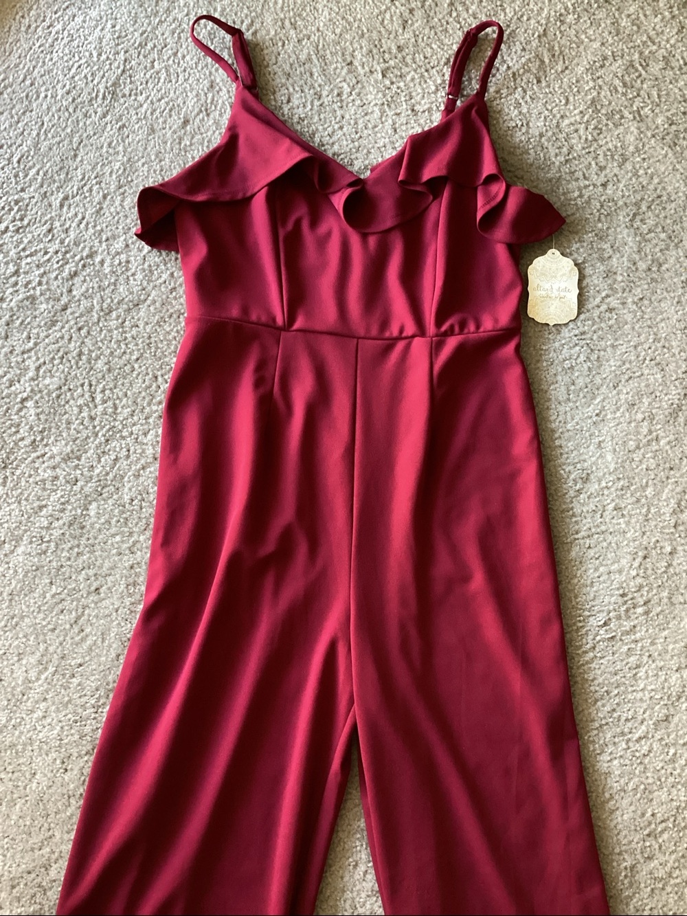 Altar'd State Burgundy Ruffle V-Neck Jumpsuit
